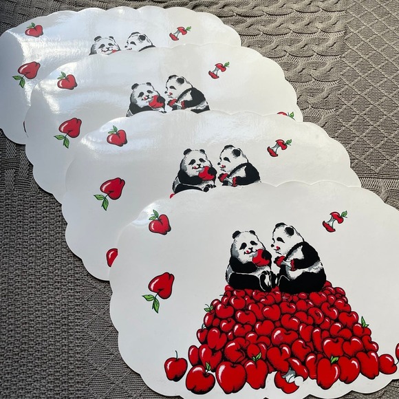 Vintage 70s Funky Panda & Apples Scalloped Vinyl Placemats - Picture 1 of 10